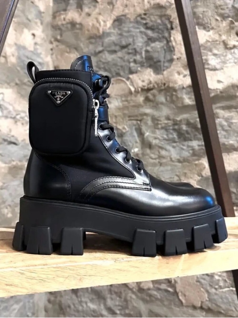 Prada Leather monolith cargo boots